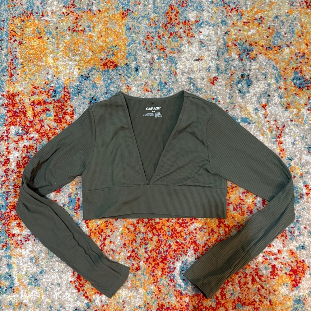 Garage Women's Dark Green Long Sleeve V Neck Crop Top